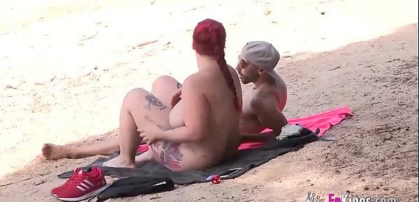  Outdoors threesome  with Maria, her boyfriend and an unsuspecting guy